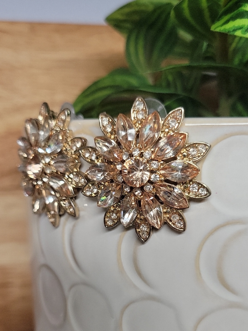 Crystal Floral Statement Earrings - Gold-Tone Champagne Sparkle - Picture 4 of 7